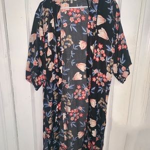 Long black and pink floral kimono